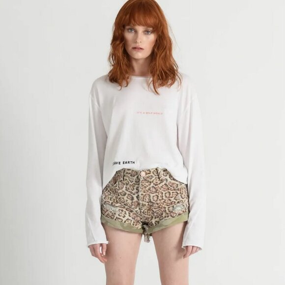 One Teaspoon Mid-Waist Denim Bandits Shorts in Leopard and Camo Size 24 - Picture 1 of 5